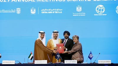 Left to right: UAE Central Bank Governor Khaled Balama and UAE Minister of State for Financial Affairs Mohamed bin Hadi Al Hussaini, with Ajay Banga and Kristalina Georgieva. EPA