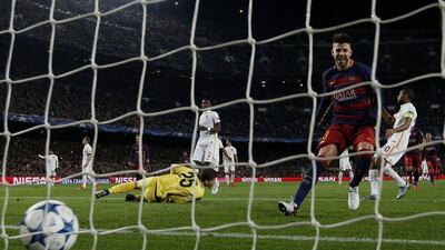 Barcelona’s Gerard Pique begins to celebrate after scoring the team’s fourth goal against AS Roma in the Champions League on Tuesday. Paul Hanna / Reuters