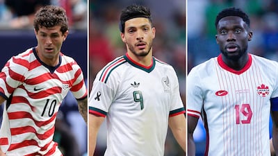 Christian Pulisic of the US men's national team, left, Mexico's Raul Jimenez, centre, and Alphonso Davies of Canada. AFP / Getty Images