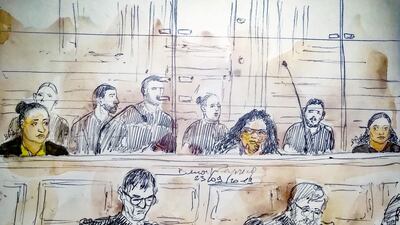 A court sketch made on September 23, 2019 shows, from left, Ines Madani, Ornella Gilligmann and Sarah Hervouet at their trial. AFP