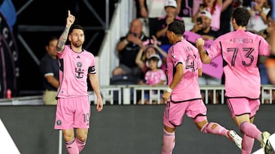 Inter Miami forward Lionel Messi celebrates after coming off the subs' bench to score n his side's 2-2 MLS draw against Colorado Rapids at Chase Stadium, Fort Lauderdale, on April 6, 2024. USA TODAY Sports
