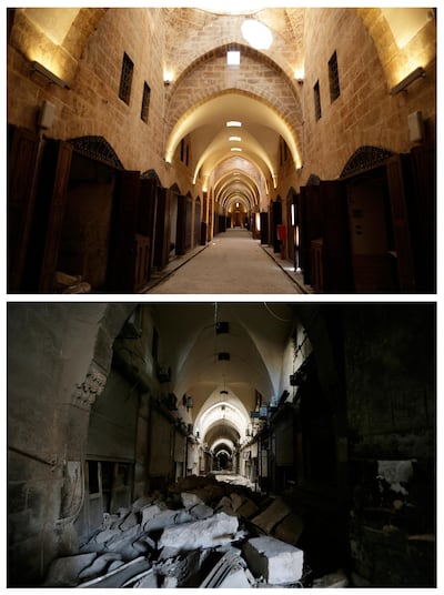 This combo of two photographs shows the renovated market, compared to the previous debris of Al-Saqatiyah Market (bottom). AP