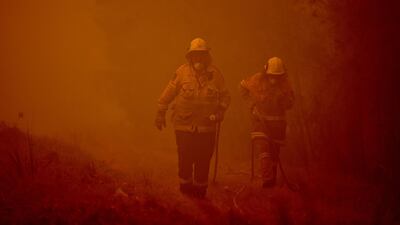 Firefighters tackle a bushfire in thick smoke in the town of Moruya, south of Batemans Bay, in New South Wales. AFP