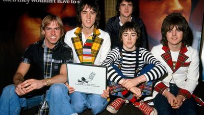 Derek Longmuir, with Alan Longmuir, Les McKeown (back), Ian Mitchell and Stewart Wood during an anti-smoking campaign launch in 1975. Reuters.