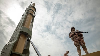 An Iranian Kheibar Shekan ballistic missile in Tehran. The Houthis have used its design to build the sophisticated Palestine-2 missile. Getty Images