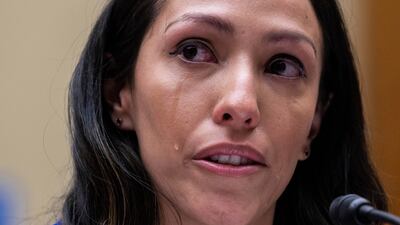 Ana Nunez, former co-ordinator of business development and client service, and account executive for Washington's NFL team was overcome with emotion as she testified. AP