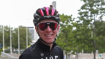 Slovenian rider Tadej Pogacar of the UAE Team Emirates reacts after a training session. EPA