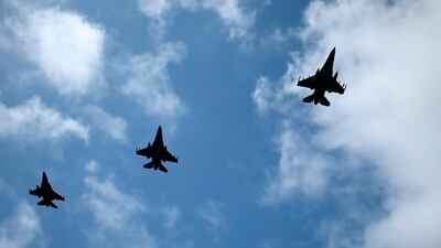 In this photo provided by the Greek Defense Ministry on Friday, Sept. 4, 2020, air force jets participate in a joined training drill with armed forces from Greece and the United Arab Emirates near the Greek island of Crete, southern Greece. AP