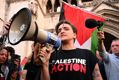 Protesters react outside the High Court after Palestine Action failed to stop a ban under terrorism laws. Leon Neal / Getty Images