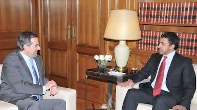 The Foreign Minister Sheikh Abdullah, right, had talks with Antonis Samaras, the Greek prime minister, on Tuesday, aimed at strengthening ties. Wam