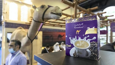 Camelicious instant coffee on display at the Gulffood exhibition at Dubai World Trade Centre in in February 2021. Chilled cans of camel milk are becoming popular in the UK. Antonie Robertson / The National