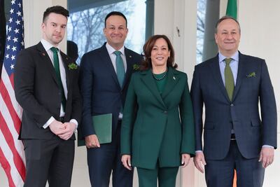 US Vice President Kamala Harris and Doug Emhoff, right, with Irish Taoiseach Leo Varadkar and his partner Matthew Barrett in Washington. EPA