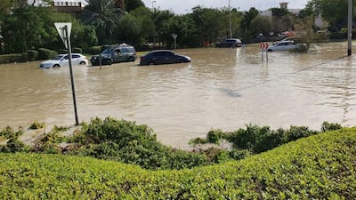 Parking areas in the Discovery Gardens area in Dubai were inundated with water and residents raced to get their cars to safer spots following heavy overnight rainfall on Saturday. Courtesy: Antonie Abreu