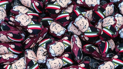 Key rings featuring the likeness of Andres Manuel Lopez Obrador are displayed. Bloomberg
