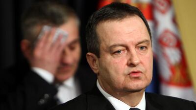 Serbian foreign minister Ivica Dacic addresses a press conference in Belgrade on February 20, 2016, a day after US air strikes in Libya killed two Serbian embassy employees. AFP