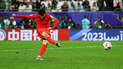 South Korea's Son Heung-min scores during the penalty shootout. Reuters