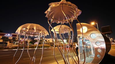 'Jellyfish' by Martin Kot is one of the art works installed next to the bus stops on Jumeirah beach road in Dubai. Pawan Singh / The National