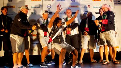 Adil Khalid of Abu Dhabi Ocean Racing and team celebrate after completing the second leg of the Volvo Ocean Race in Abu Dhabi on January 4, 2012. Christopher Pike / The National