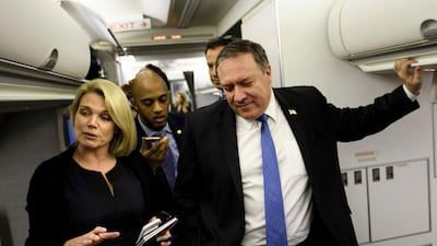 US State Department spokeswoman Heather Nauert with US Secretary of State Mike Pompeo. AP