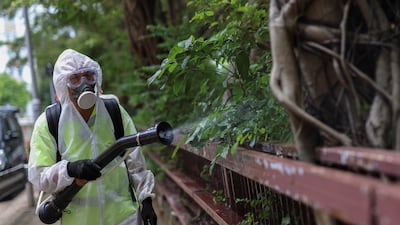 A worker sprays insecticide at a housing estate, following reports of imported cases of Chikungunya in Hong Kong. Reuters