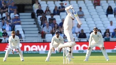England's James Anderson avoids a rising delivery during the fourth day of the Third Test at Trent Bridge. AP Photo