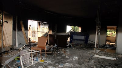 This September 12, 2012 photo shows glass, debris and overturned furniture strewn inside a room in the gutted US consulate in Benghazi, Libya, after an attack that killed four Americans, including ambassador Chris Stevens. The trial of Ahmed Abu Khattala, the suspected mastermind of the 2012 attacks, will be one of the biggest terrorism cases yet for the US. Justice Department. Ibrahim Alaguri / The Associated Press
