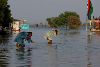 Men perform ablution with the flood water during the monsoon season in Bajara village, at the banks of Lake Manchar, in Sehwan, Pakistan, on Tuesday. Reuters