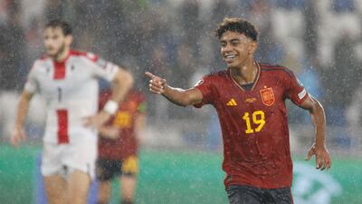 Lamine Yamal celebrates after scoring during the UEFA Euro 2024 qualifying Group A match between Georgia and Spain. EPA