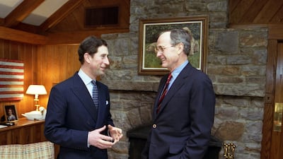 President George HW Bush speaks with the future king at Camp David in 1989. Photo: George Bush Presidential Library and Museum