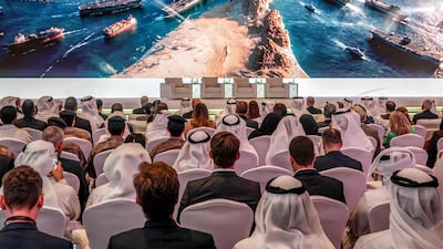 A presentation on the Strait of Hormuz at the Hili Forum in Abu Dhabi on Monday. AFP