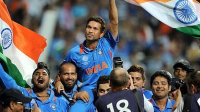 Sachin Tendulkar is carried on his teammates' shoulders after the ICC Cricket World Cup final in 2011.