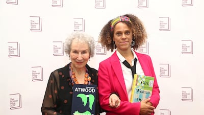 Margaret Atwood poses with Bernardine Evaristo after jointly winning the Booker Prize for Fiction 2019. Reuters.