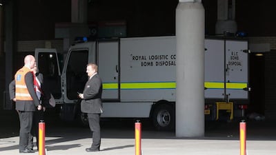 Royal Logistic Corps Bomb Disposal van in attendance under the grandstand following a security alert and the subsequent abandonment of the Premier League match between Manchester United and AFC Bournemouth at Old Trafford on May 15, 2016 in Manchester, England. (Christopher Furlong/Getty Images)
