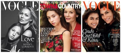 From left, Kate Moss and daughter Lila on the cover of Vogue Italia; Catherine Zeta-Jones and daughter Carys on the cover of Town & Country; and Cindy Crawford and daughter Kaia on the cover of Vogue Paris. Photos: Conde Nast, Hearst