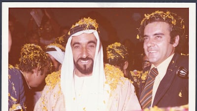 Sheikh Zayed and Zaki Nusseibeh covered in flower petals during a trip to India, 1975. Copyright Zaki Nusseibeh. All photos courtesy of the Akkasah Center for Photography at NYU Abu Dhabi