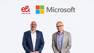 Hatem Dowidar, left, e&’s chief executive, and Satya Nadella, chairman and chief executive of Microsoft. The companies signed a pact to boost technology and innovations. Photo: e&