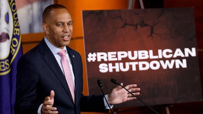 House Minority Leader Hakeem Jeffries holds his weekly news conference at the US Capitol on Thursday. Getty / AFP