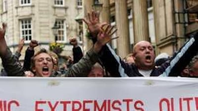 Men shout slogans during a demonstration by the English Defence League in Birmingham, England, earlier this month.