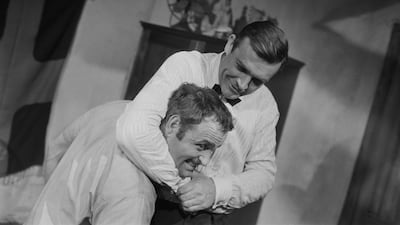 Sean Connery rehearses stunt scenes with Alf Joint on the set of 'Goldfinger' on March 20, 1964. Getty Images