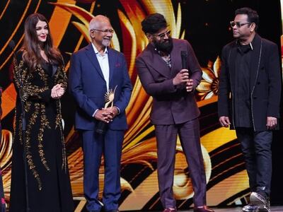 The Ponniyin Selvan team, from left: actress Aishwarya Rai Bachchan, director Mani Ratnam, actor Vikram and music director A R Rahman. Photo: IIFA
