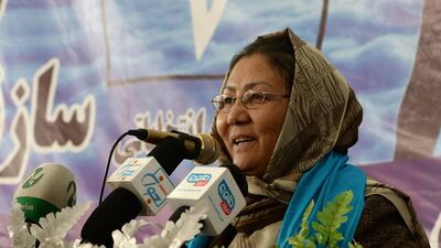 Habiba Sarabi, Afghanistan's most prominent woman candidate running in the April 5 presidential election, addresses a rally in Kabul. Wakil Kohsar / AFP / March 17