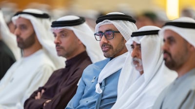 Sheikh Abdullah bin Zayed, Deputy Prime Minister and Minister of Foreign Affairs, attends the national session held on fourth anniversary of the Day of Solidarity at Qasr Al Watan