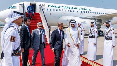 Pakistan's Prime Minister Shehbaz Sharif arrives in Doha. AFP