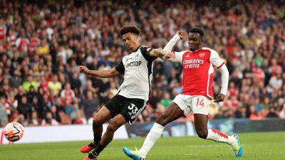 Substitute Eddie Nketiah scores Arsenal's second goal. Getty