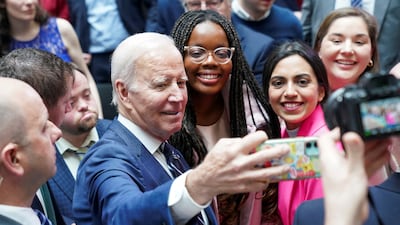 Joe Biden took a selfie with students after giving a speech at Ulster University in Belfast. Reuters