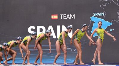 Spain compete in the final of the team free artistic swimming event during the European Aquatics Championships at the Duna Arena in Budapest on Friday, May 14. AFP