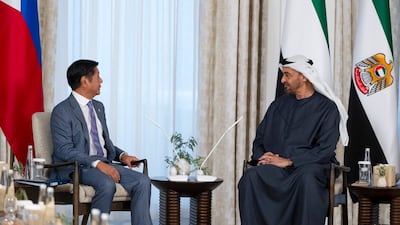 President Sheikh Mohamed receives Philippines President Ferdinand Marcos Jr in Abu Dhabi. Photo: @MohamedBinZayed / X