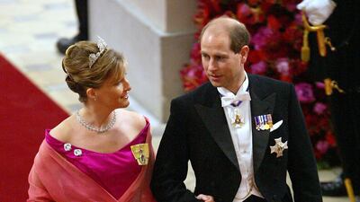Prince Edward and Sophie, Duchess of Edinburgh, in pink satin, attend the wedding of Crown Prince Frederik and Mary Elizabeth Donaldson at Copenhagen Cathedral in May 2004 in Copenhagen. Getty Images