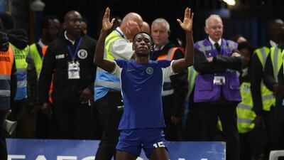 Nicolas Jackson celebrates after scoring his Chelsea's third goal. AP
