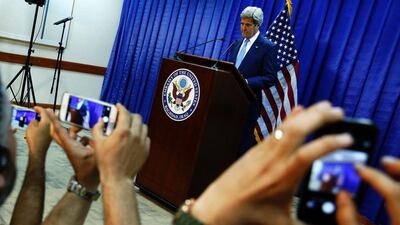 US secretary of state John Kerry speaks during a press conference at the US embassy in Baghdad on April 8, 2016. Jonathan Ernst/AFP